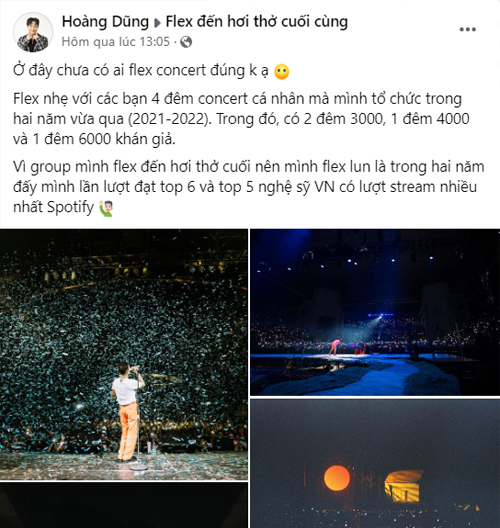 Ca sĩ Hoàng Dũng hưởng ứng trào lưu “flex”, khoe đã tổ chức thành công 4 concert cá nhân cùng một số thành tích khác. (Ảnh chụp màn hình Facebook)